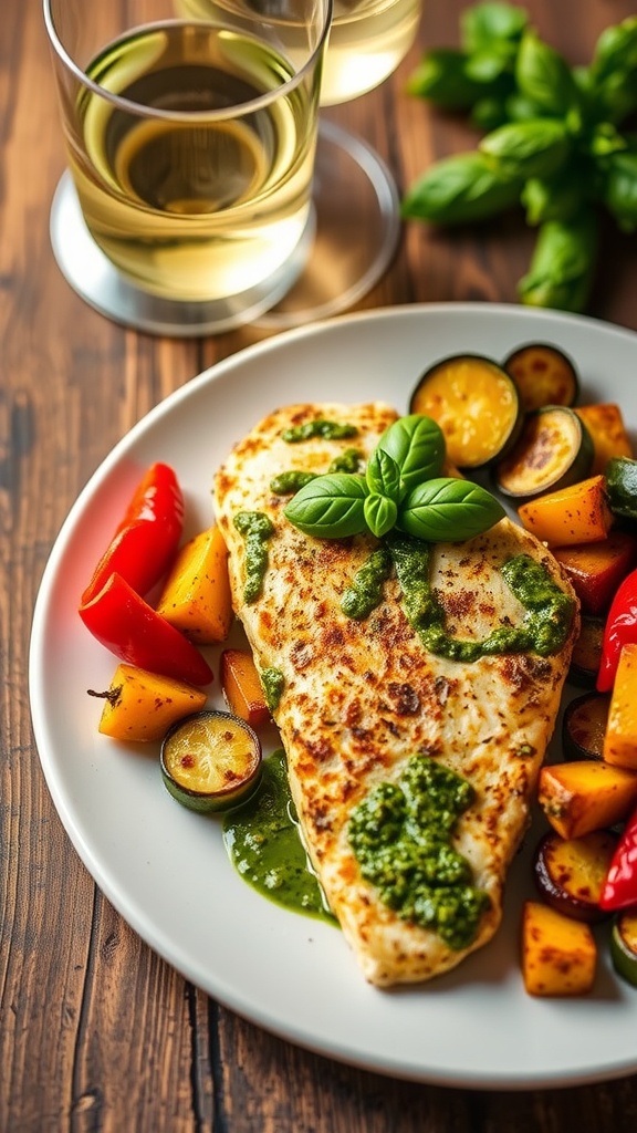 Herb-crusted pesto tilapia with roasted vegetables, garnished with basil on a rustic table.